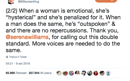 Tweet Billie Jean King su Serena Williams
